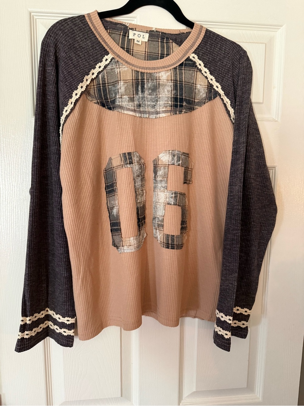 POL Plaid Accent Peach and Charcoal Raglan Top